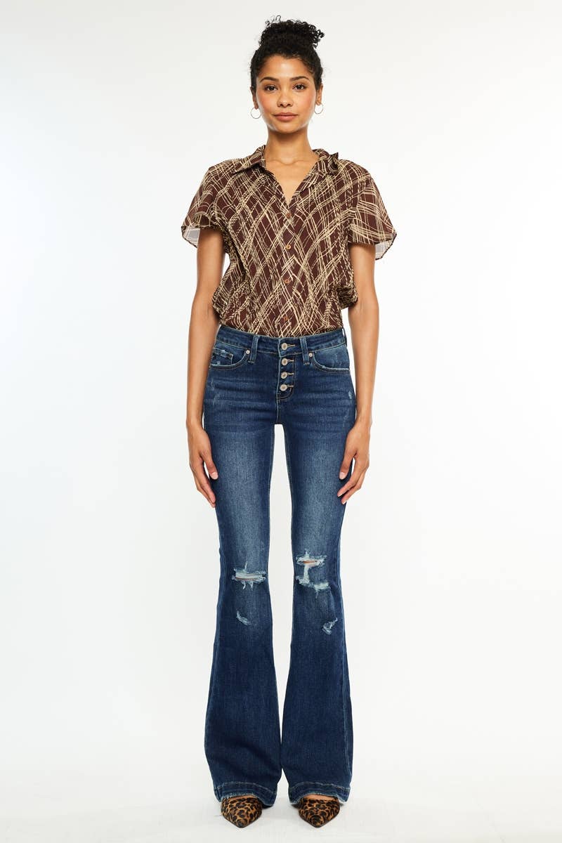 MID RISE BUTTON UP DISTRESS FLARE JEANS