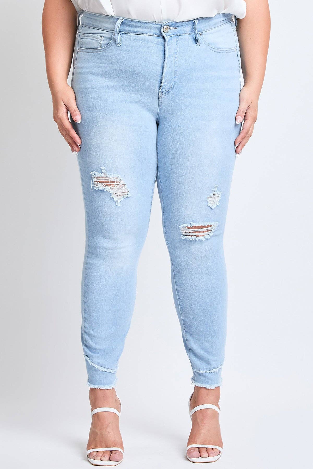 Plus Size Tummy Control Skinny Jeans – Double Slanted Frayed Hem, Distressed, High Rise