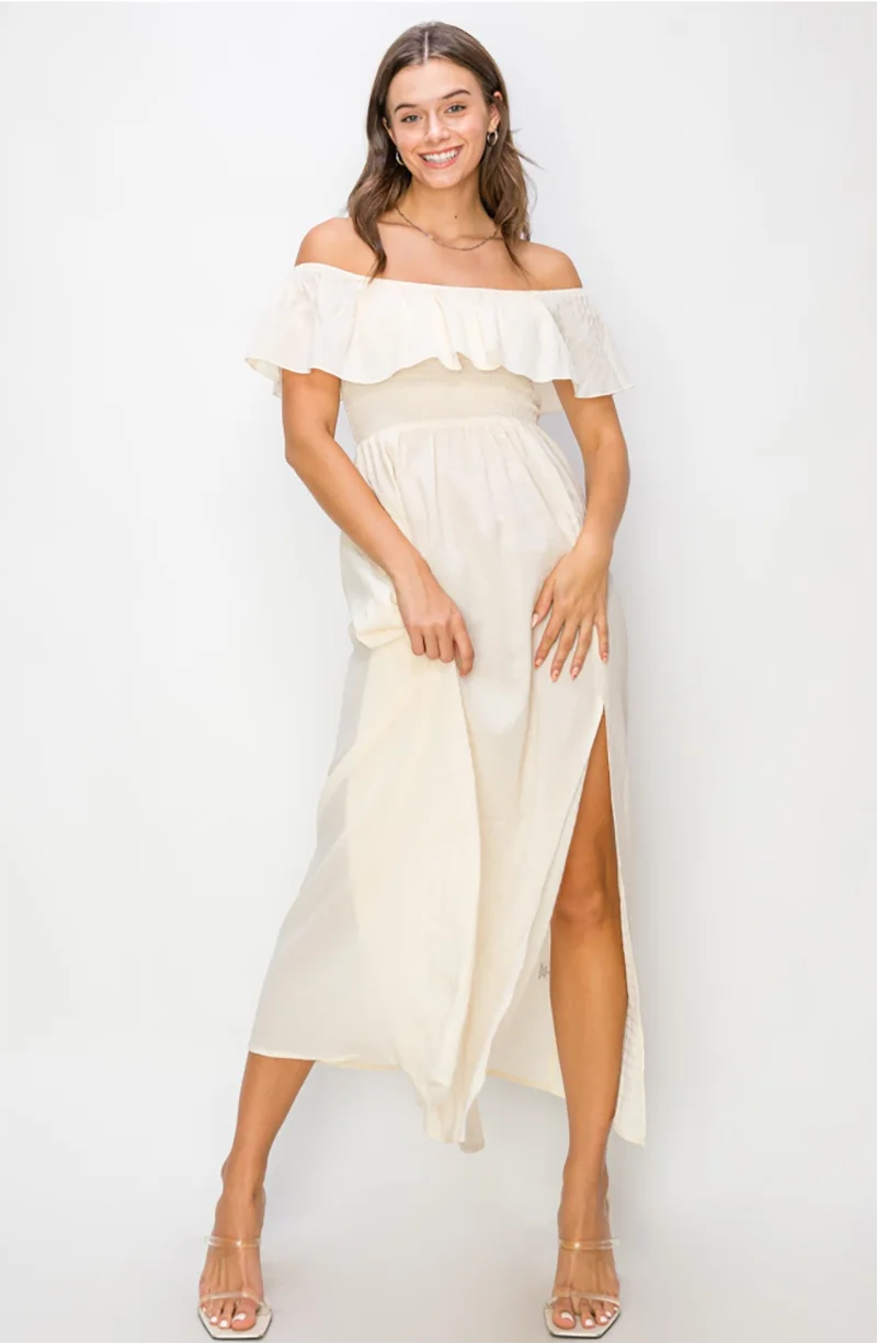 Ruffle Tiered Off Shoulder Smocked Midi Dress – Side Slit