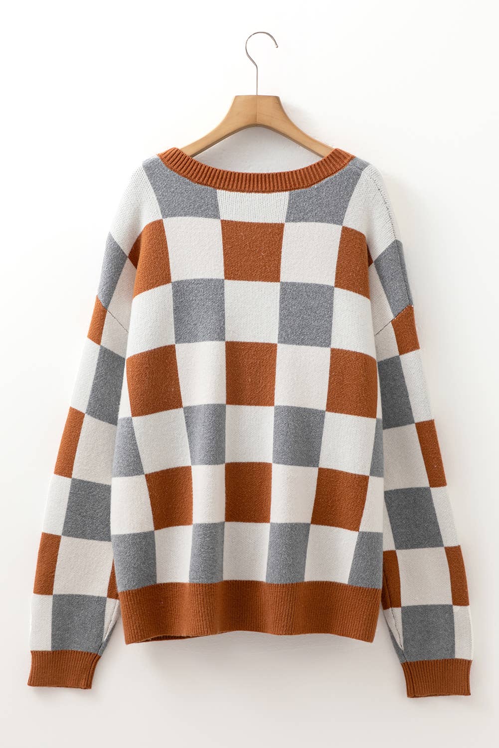 Brown Colorblock Checkered Drop Sleeve Sweater – Plus Size