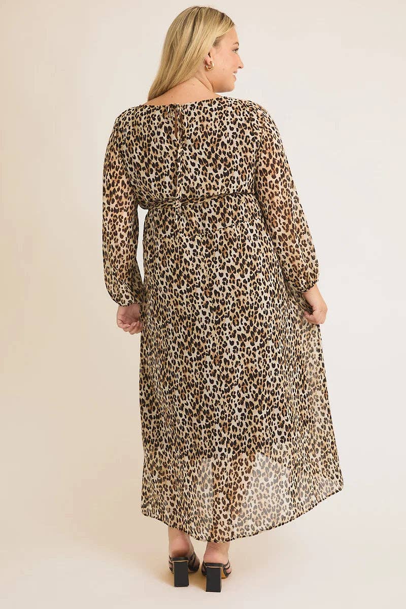 Plus Size Leopard Chiffon Front Tie Asymmetric Dress