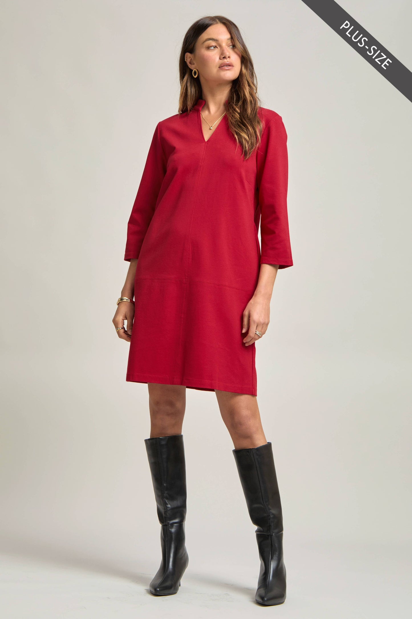 PLUS SIZE Magic Ponte A-Line Dress with Mandarin Collar – Work-Appropriate & Everyday Chic