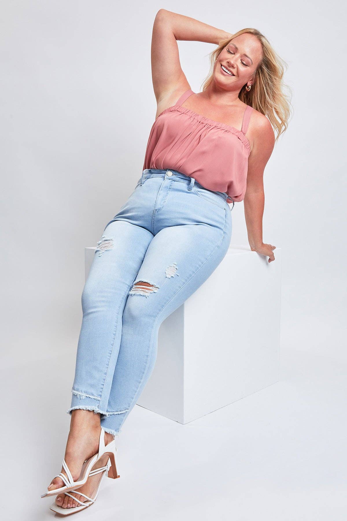Plus Size Tummy Control Skinny Jeans – Double Slanted Frayed Hem, Distressed, High Rise