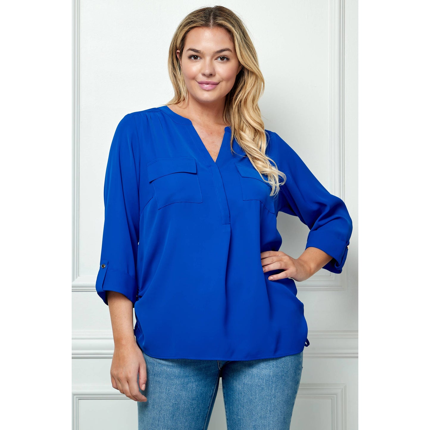 Plus Size Tab Sleeve Mandarin Collar Button Front Shirt
