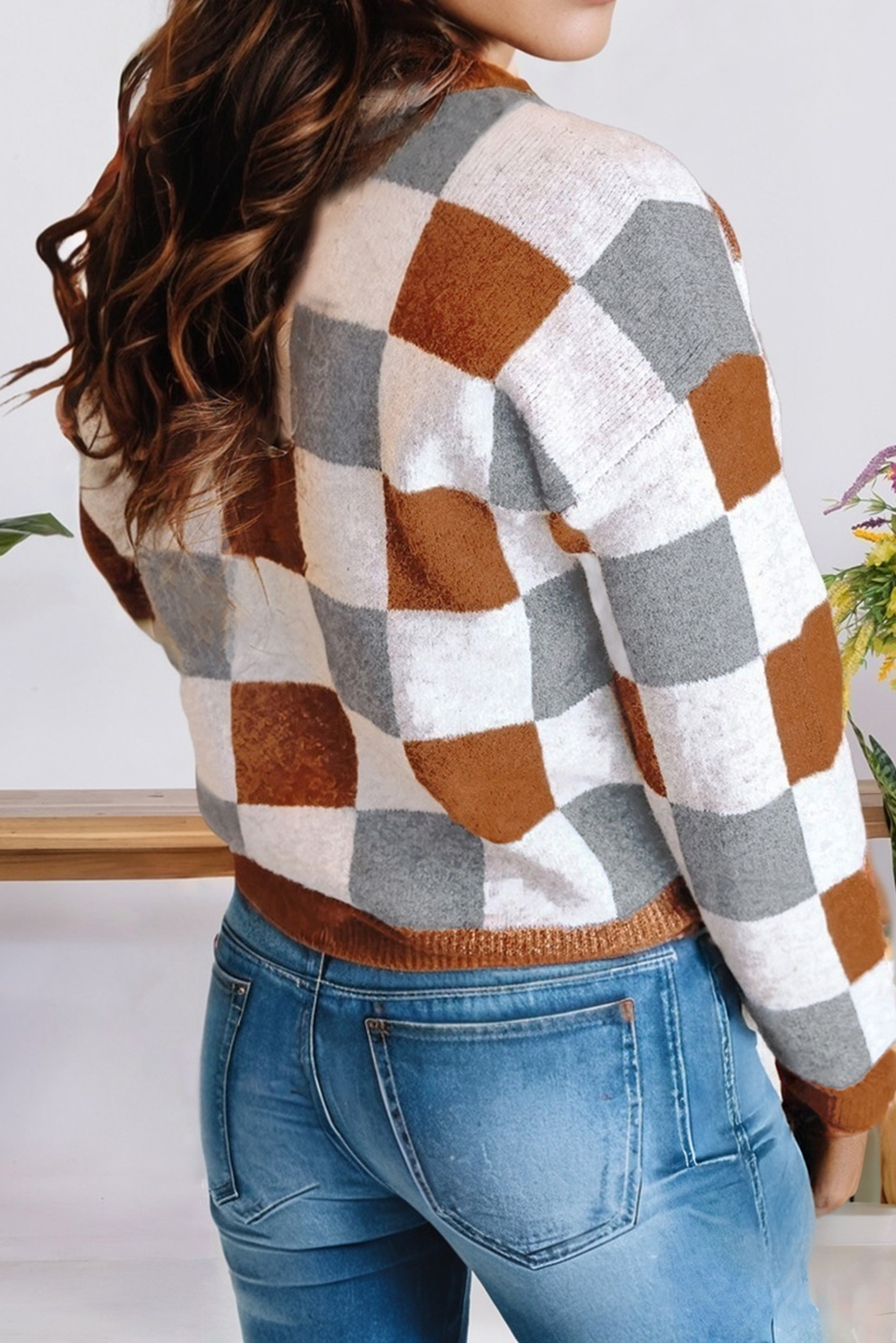 Brown Colorblock Checkered Drop Sleeve Sweater – Plus Size