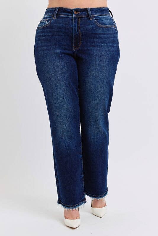 Judy Blue Plus Size Mid Rise Straight Leg Jeans with Fray Hem