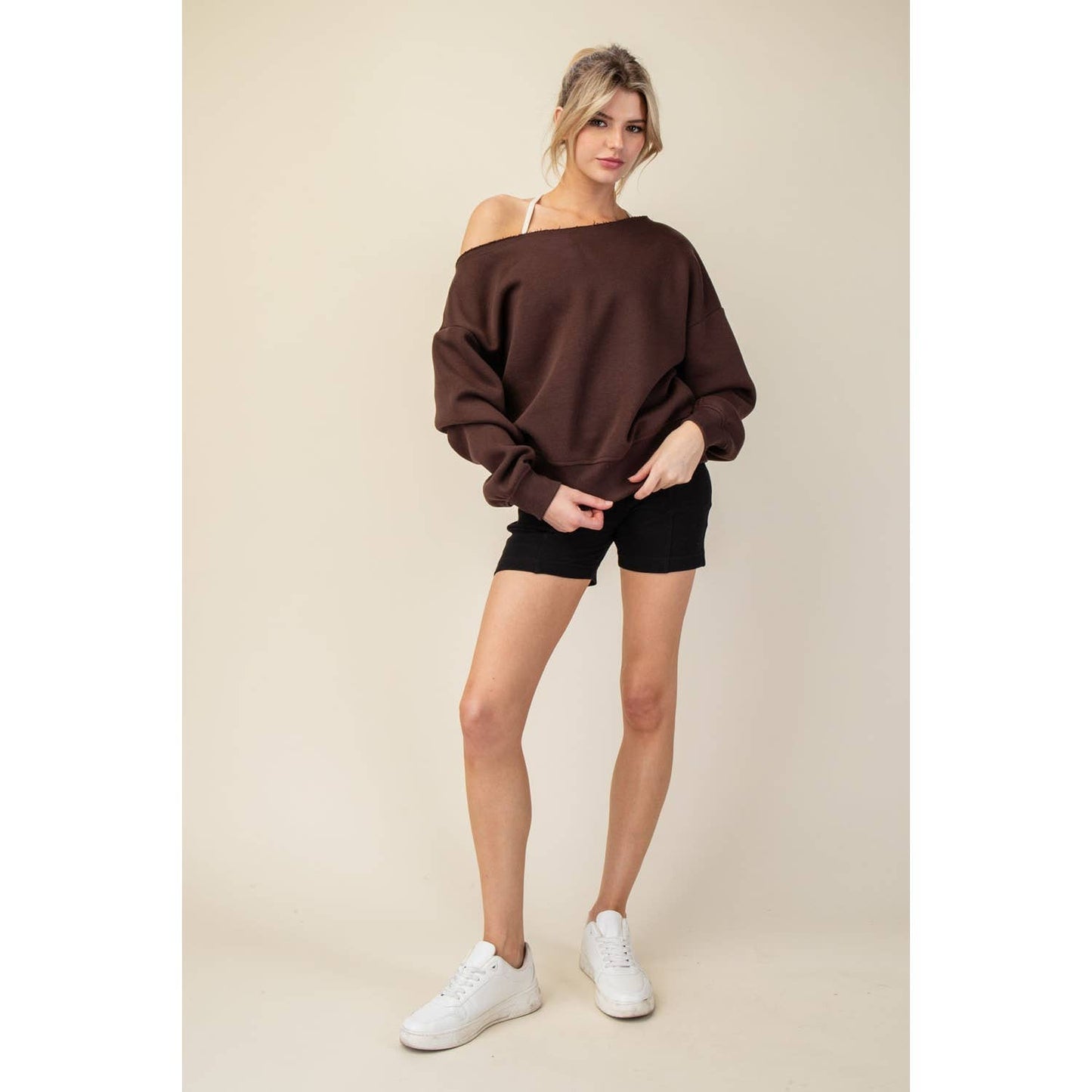 FRENCH TERRY FLEECE OFF SHOULDER TOP