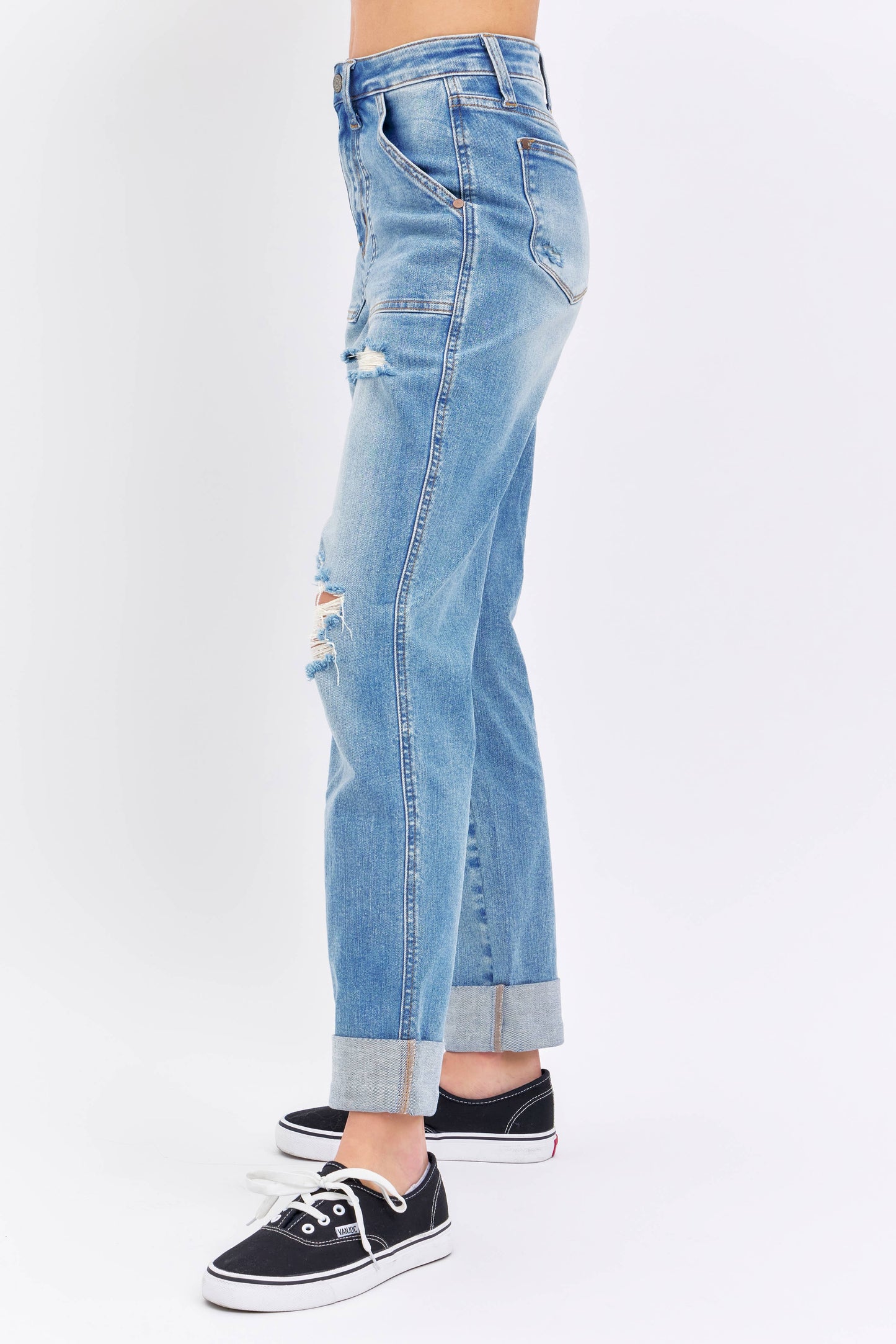 Judy Blue Plus Size High Waisted Distressed Boyfriend Jeans with Patch Pockets