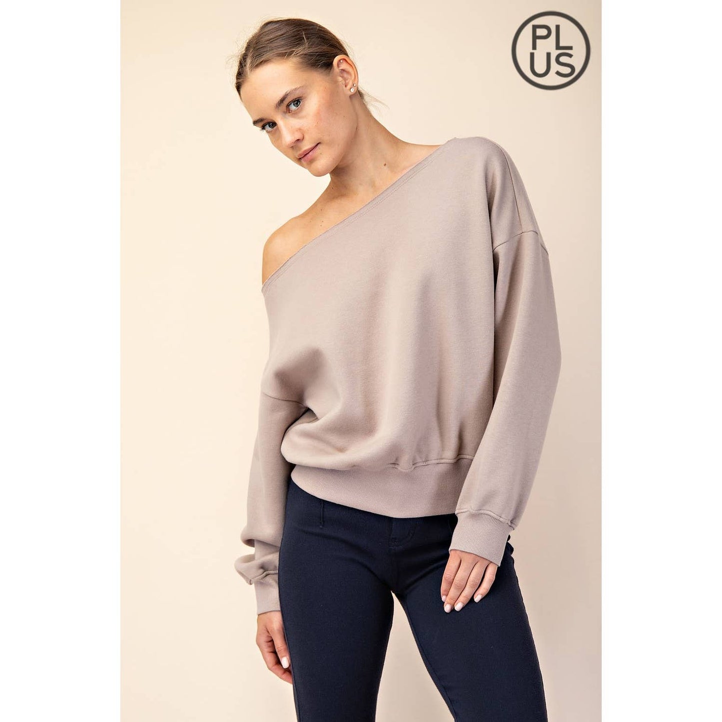 FRENCH TERRY FLEECE OFF SHOULDER TOP - Plus/Curvy