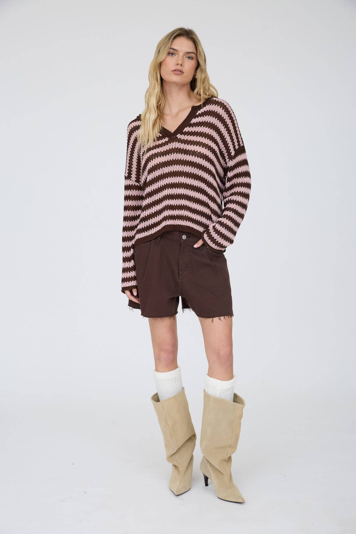 Stripe raw edge split neck sweater