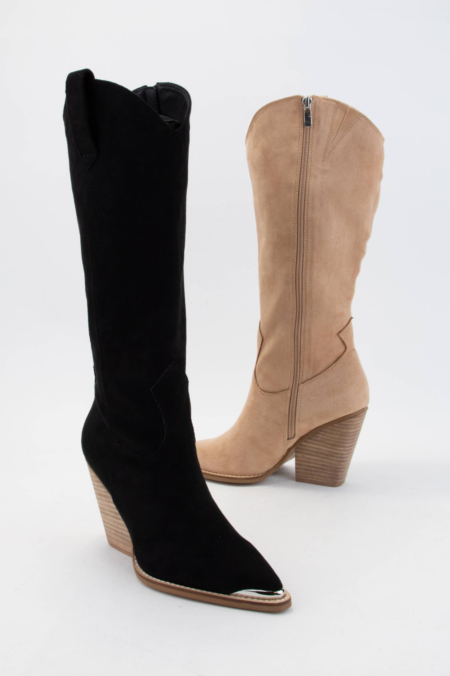 Pointed-Toe Tall Western Boots with Metal Tip