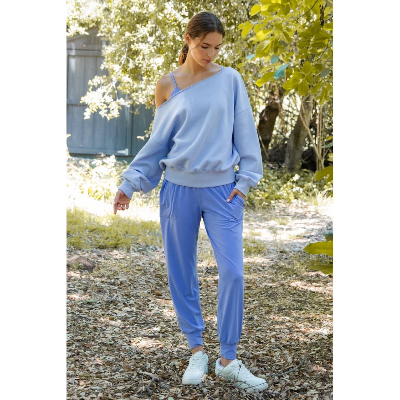 FRENCH TERRY FLEECE OFF SHOULDER TOP
