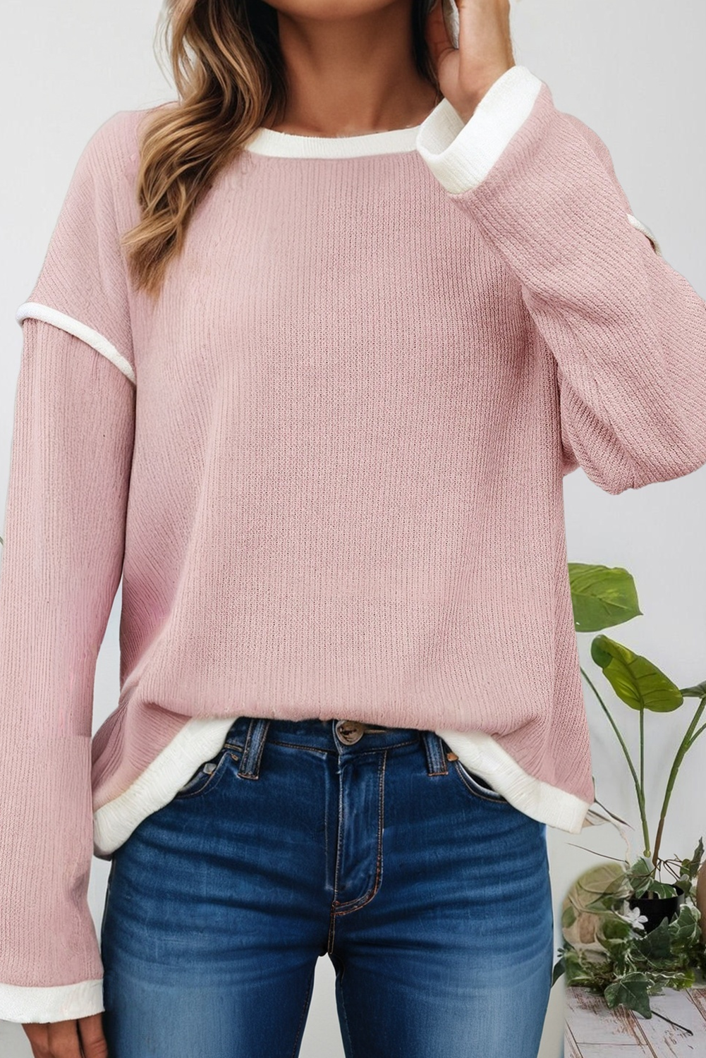 Contrast Trim Knitted Drop Shoulder Top – Soft Lightweight Pullover