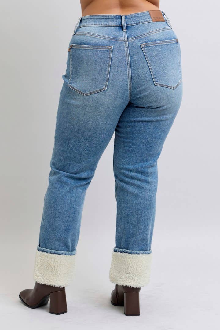 Judy Blue Plus Size High Waisted Shearling Cuff Straight Jeans