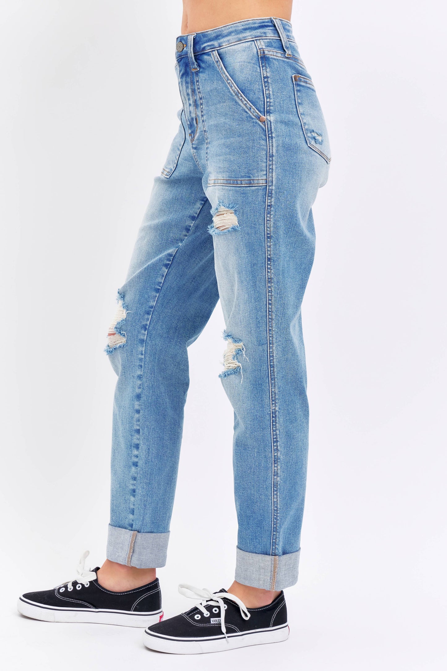 Judy Blue Plus Size High Waisted Distressed Boyfriend Jeans with Patch Pockets