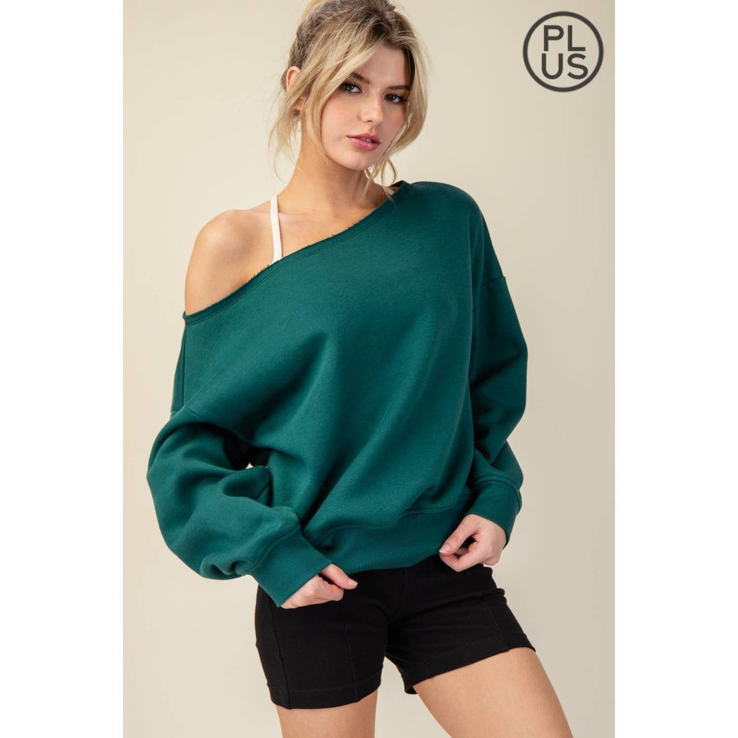 FRENCH TERRY FLEECE OFF SHOULDER TOP - Plus/Curvy