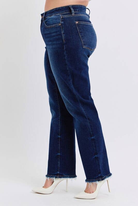 Judy Blue Plus Size Mid Rise Straight Leg Jeans with Fray Hem