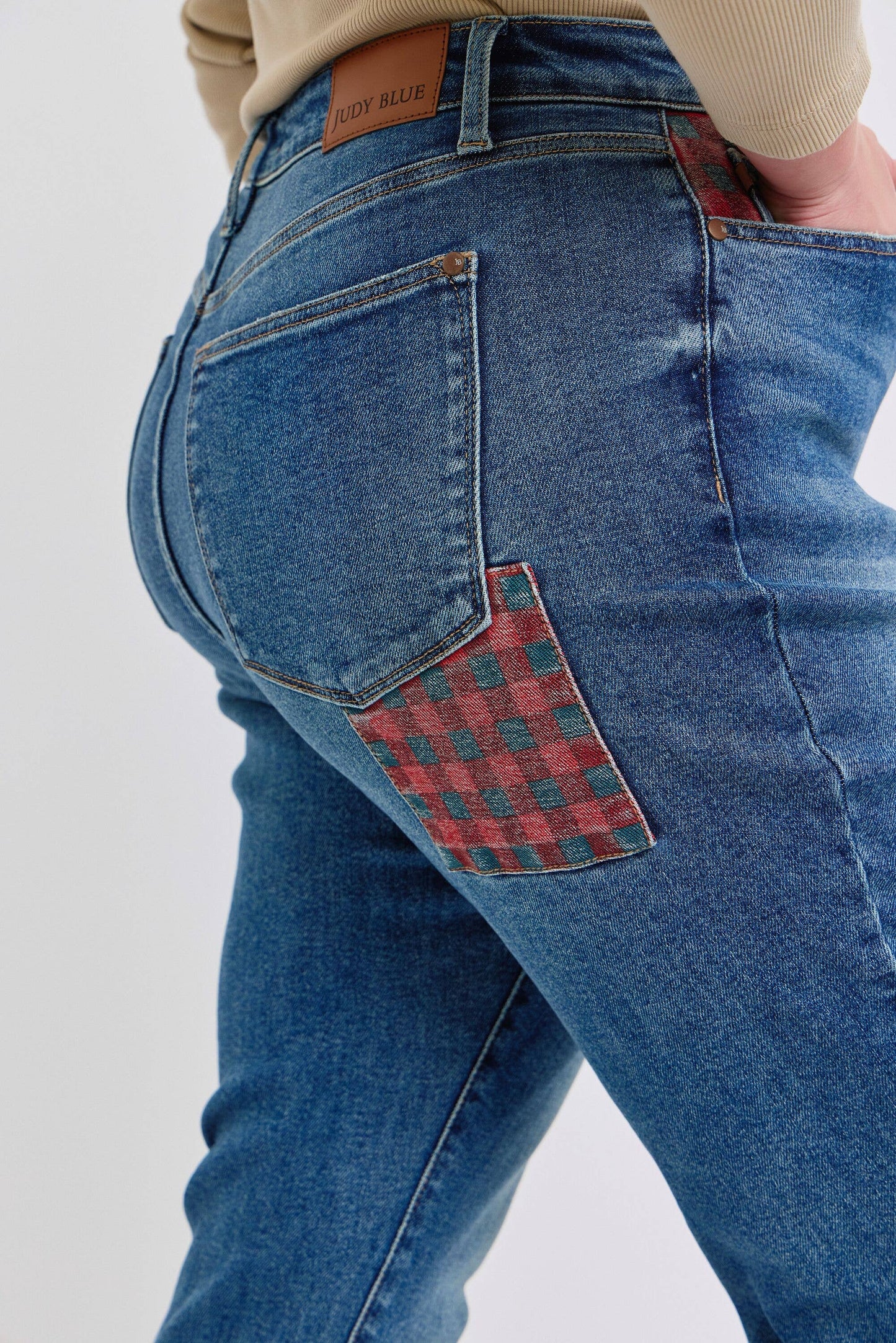 Judy Blue Plus Size High Waisted Plaid Patch Slim Jeans