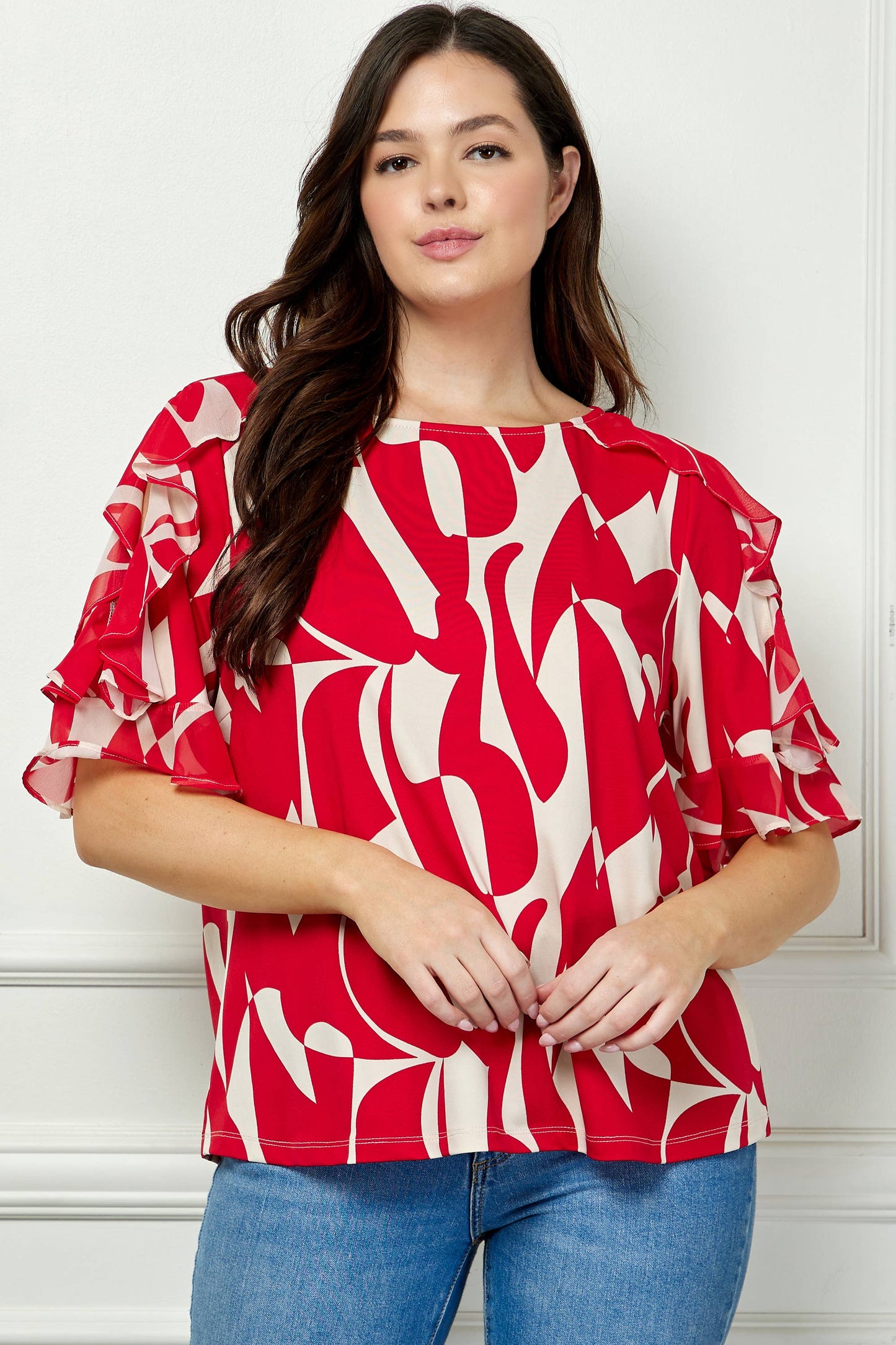 Plus Size Wildly Abstract Boatneck Top with Ruffle Sleeves
