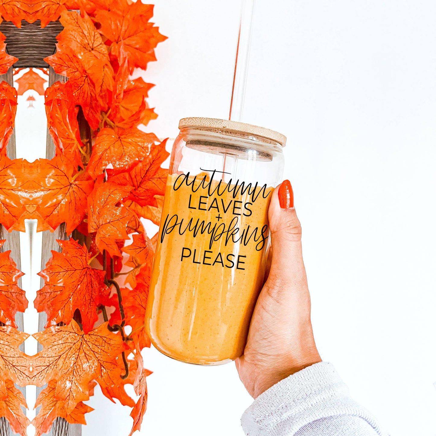 Fall Glass Cup with Bamboo Lid + Reusable Straw