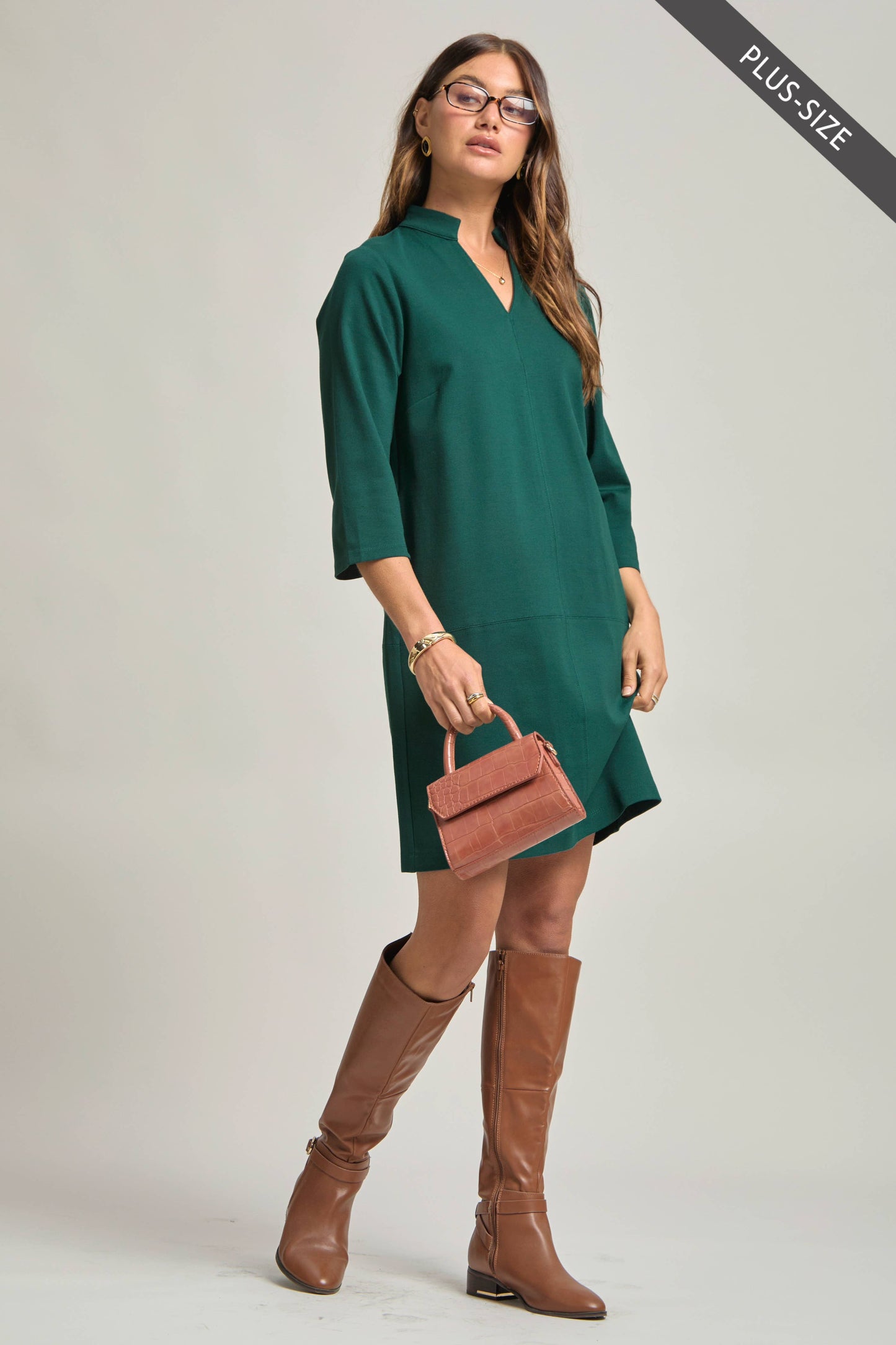 PLUS SIZE Magic Ponte A-Line Dress with Mandarin Collar – Work-Appropriate & Everyday Chic