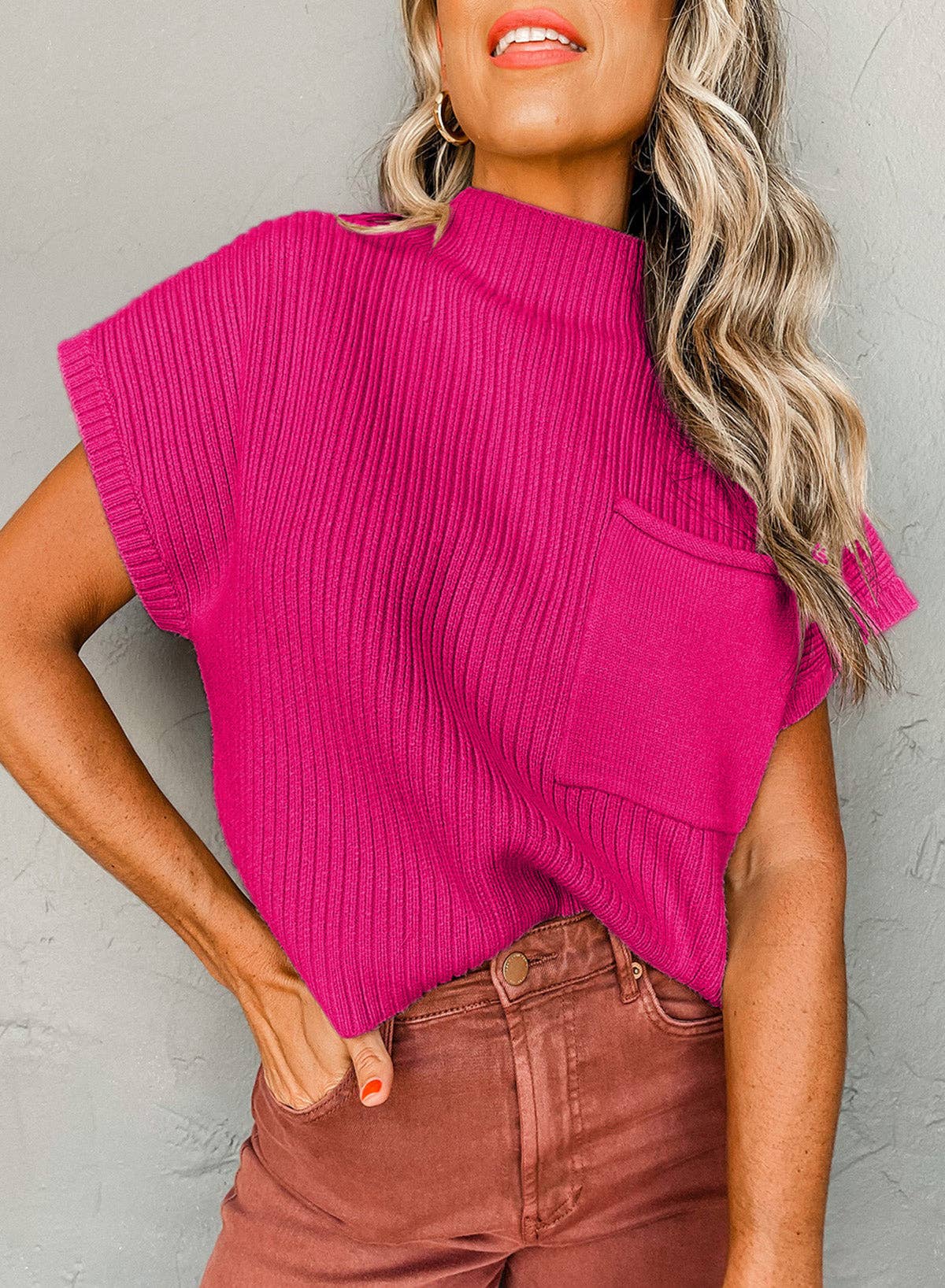 Ribbed Knit Short Sleeve Sweater with Patch Pocket