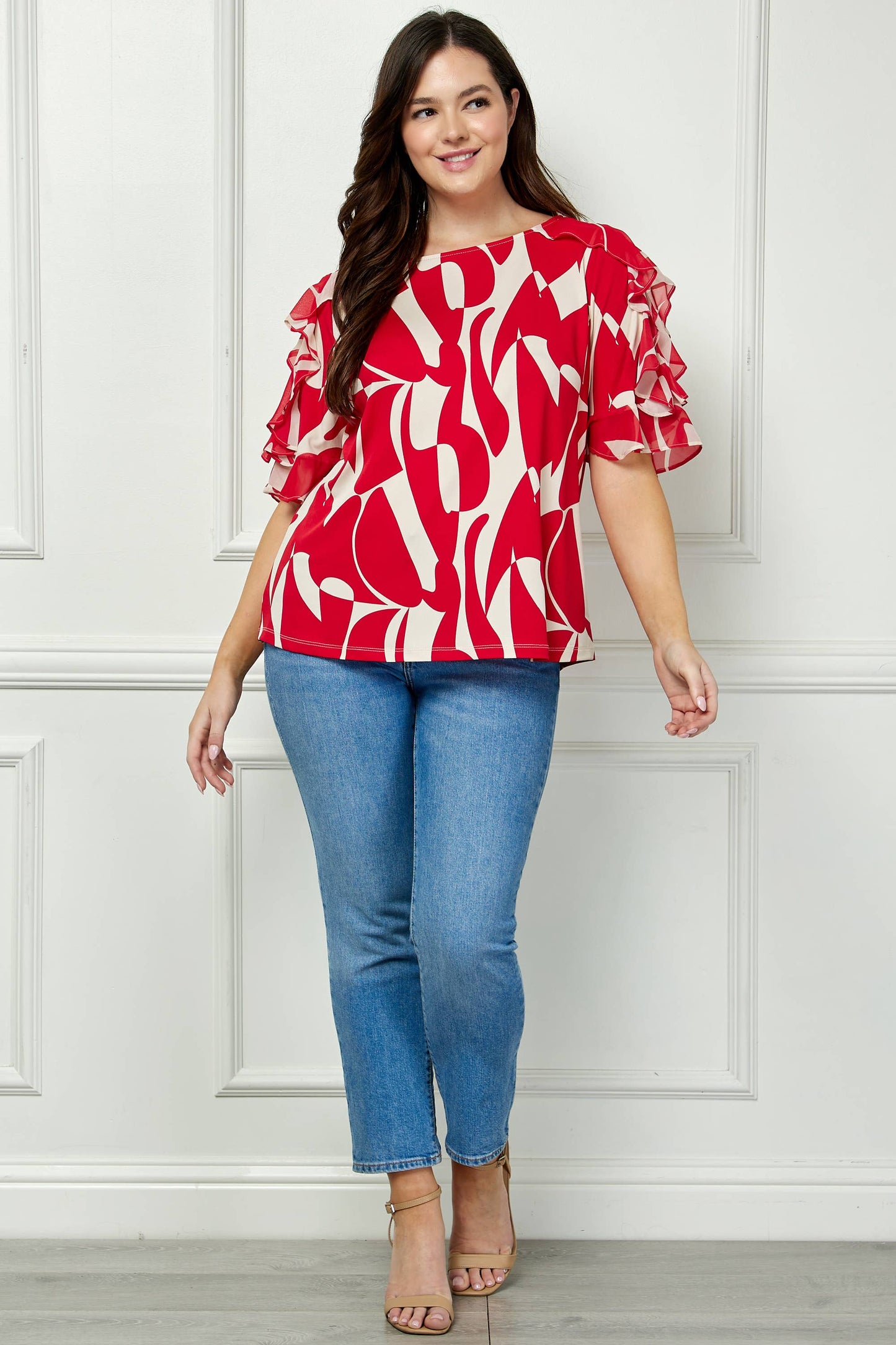 Plus Size Wildly Abstract Boatneck Top with Ruffle Sleeves
