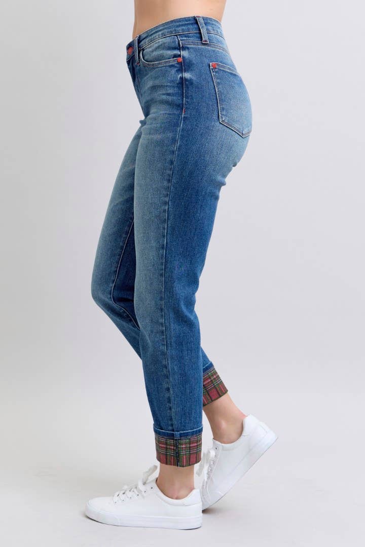 MR Plaid Print Cuff Boyfriend Jeans by Judy Blue – Medium Wash, Cuffed or Uncuffed