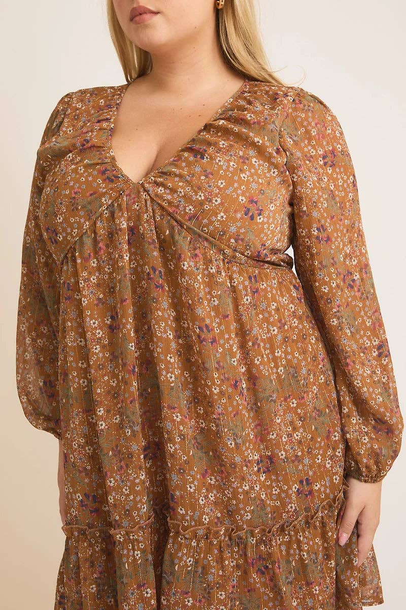 Plus Size Floral Shirring Detail Long Sleeve Mini Dress