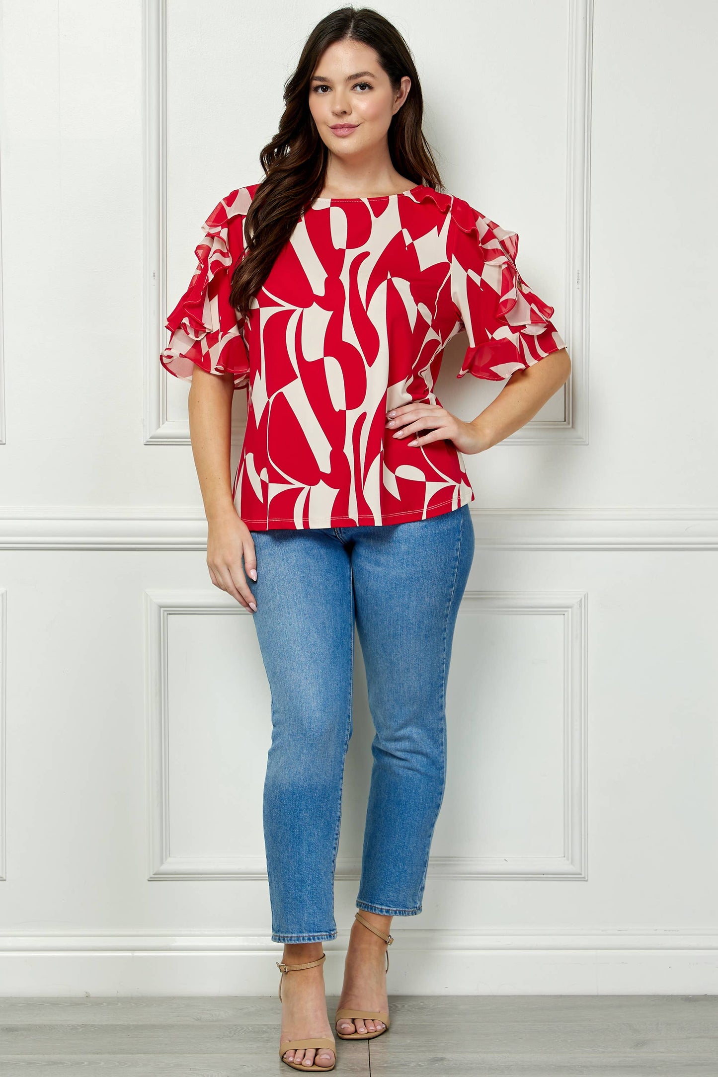 Plus Size Wildly Abstract Boatneck Top with Ruffle Sleeves