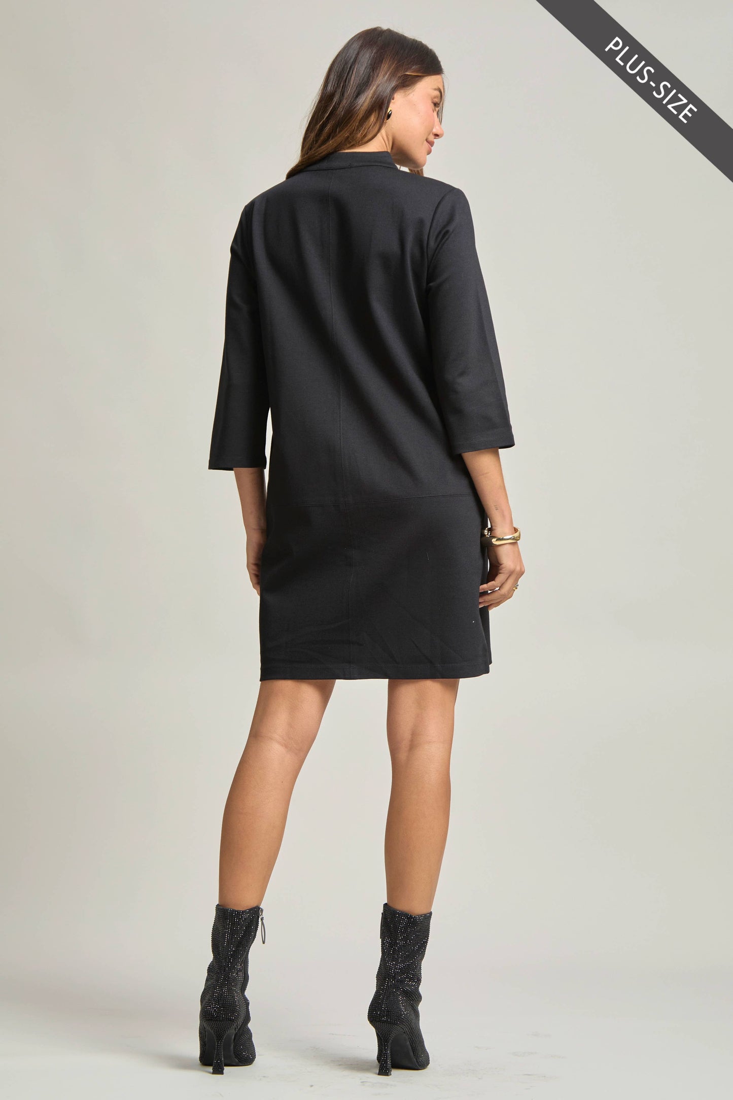 PLUS SIZE Magic Ponte A-Line Dress with Mandarin Collar – Work-Appropriate & Everyday Chic