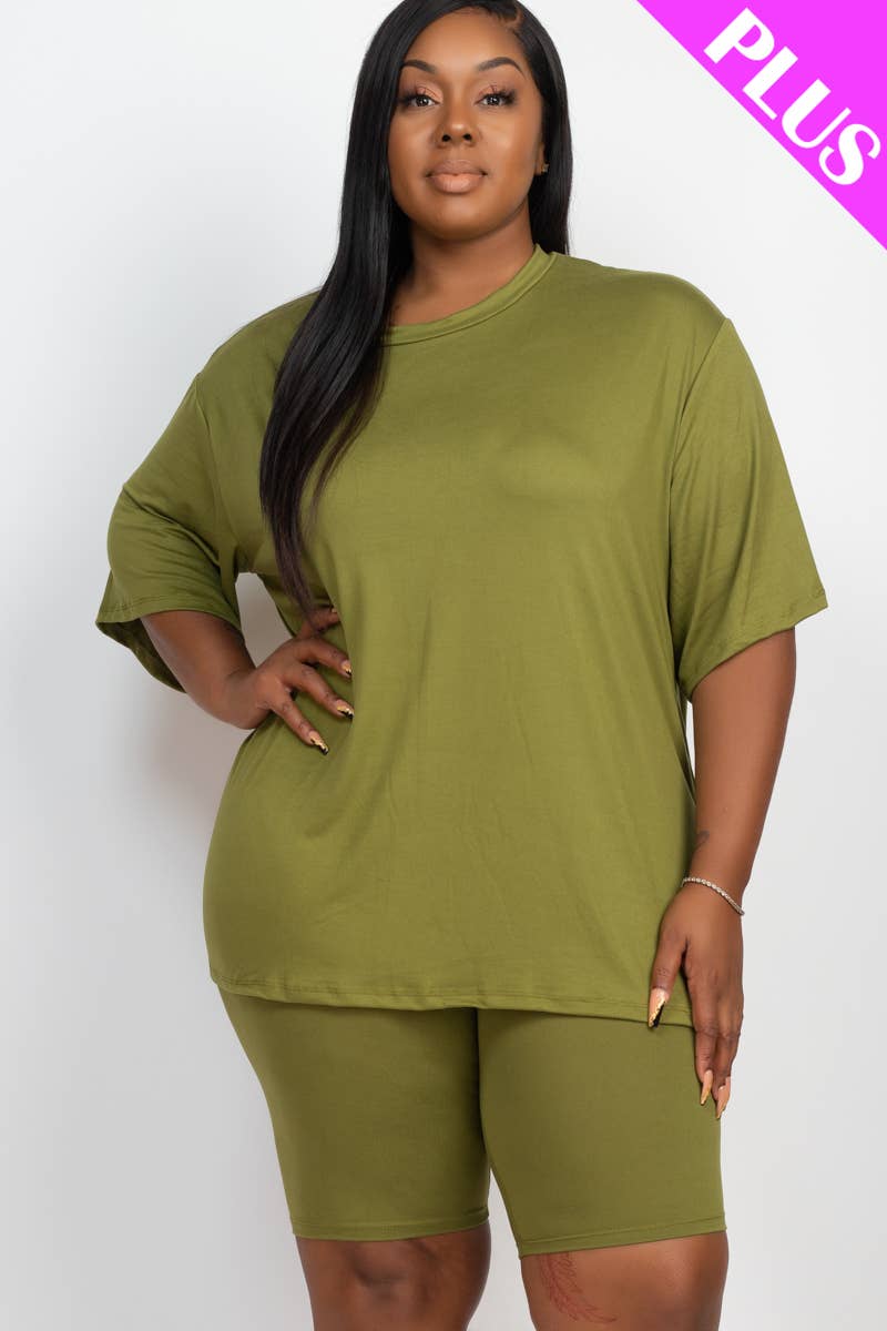 Plus Size Loose Fit Top & Bike Shorts Set