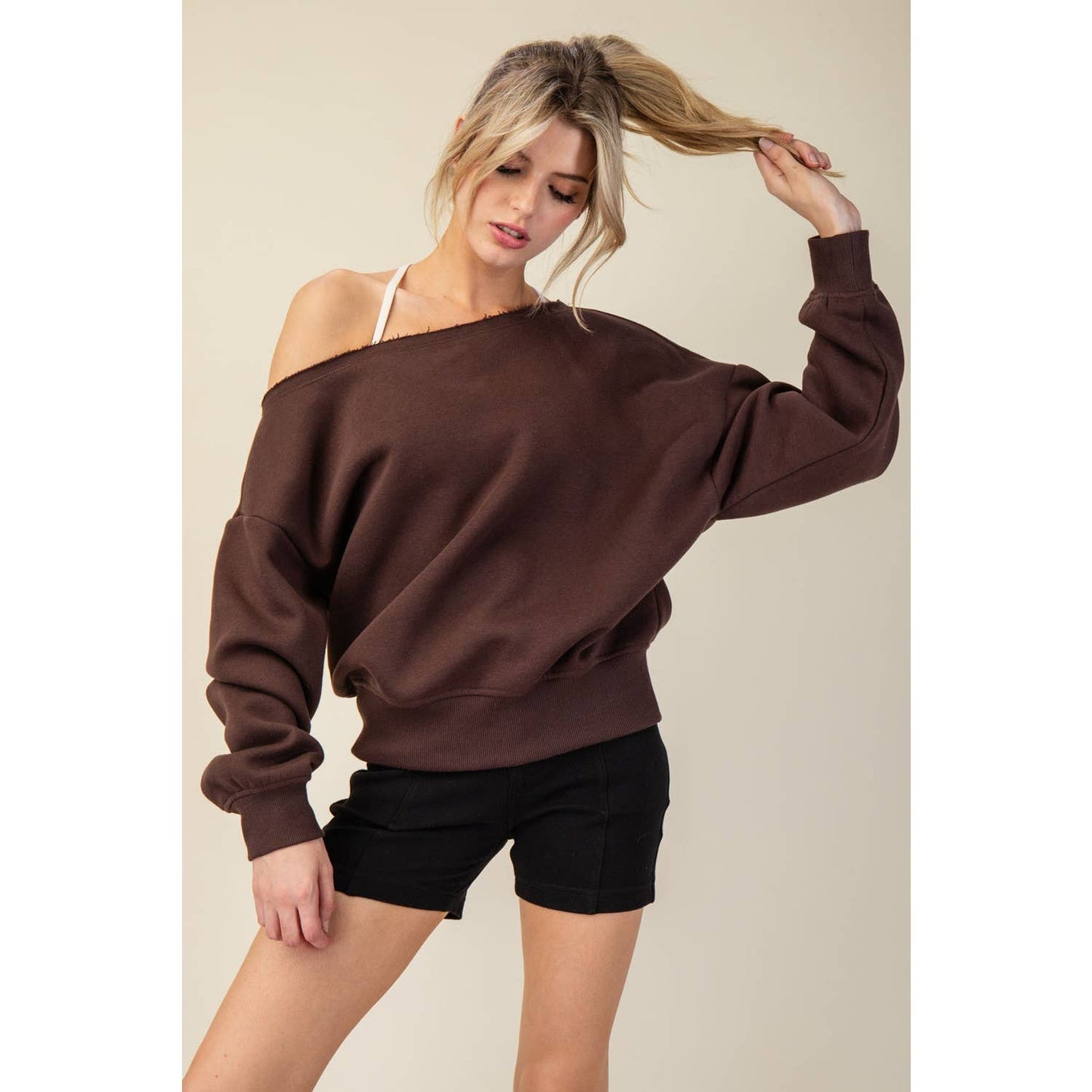 FRENCH TERRY FLEECE OFF SHOULDER TOP
