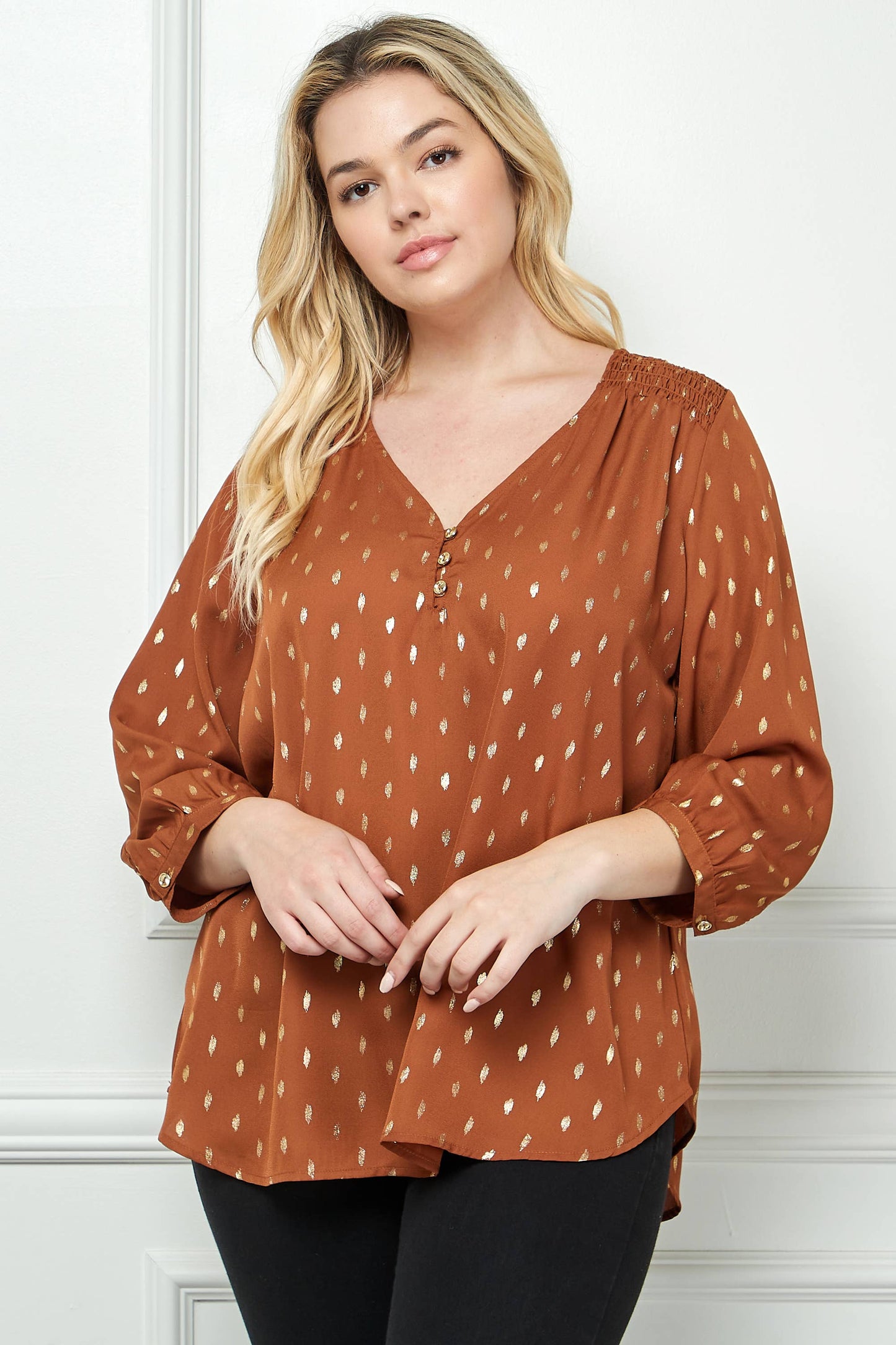 Plus Size Gold Dash Foil Blouse – Cuff Sleeve Smock Shoulder V-Neck