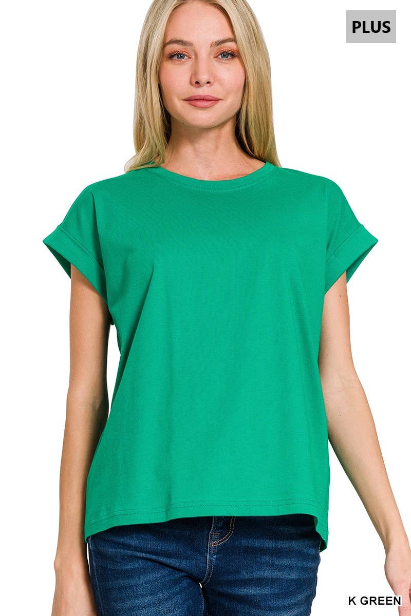 Round Neck Folded Short Sleeve T Shirt - Plus