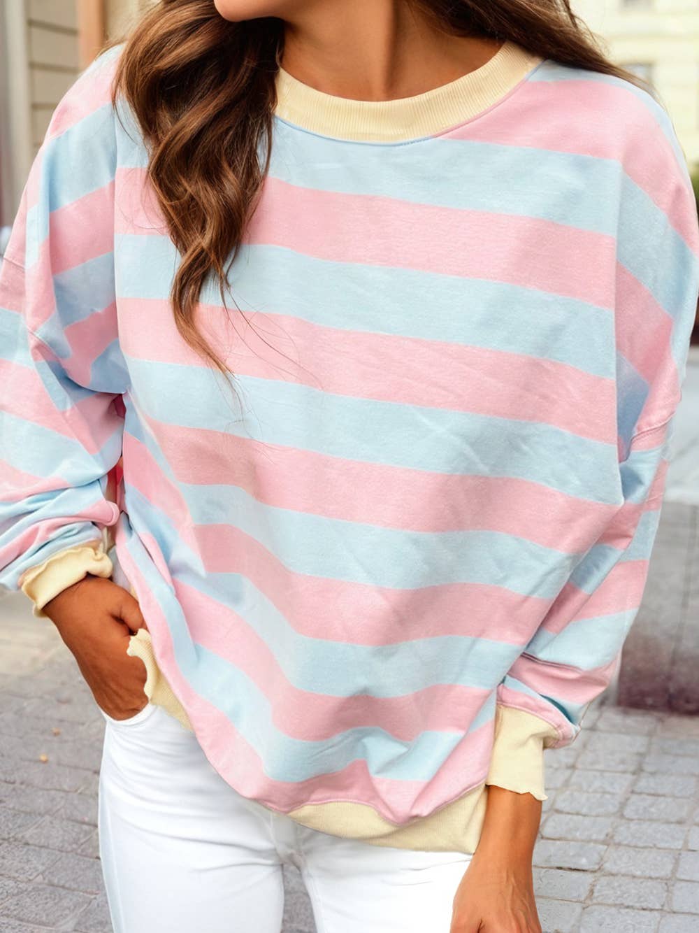 Stripe Drop Shoulder Crewneck Plus Size Sweatshirt