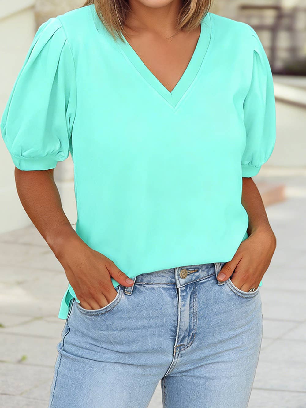 Solid Color V Neck Short Puff Sleeve Blouse