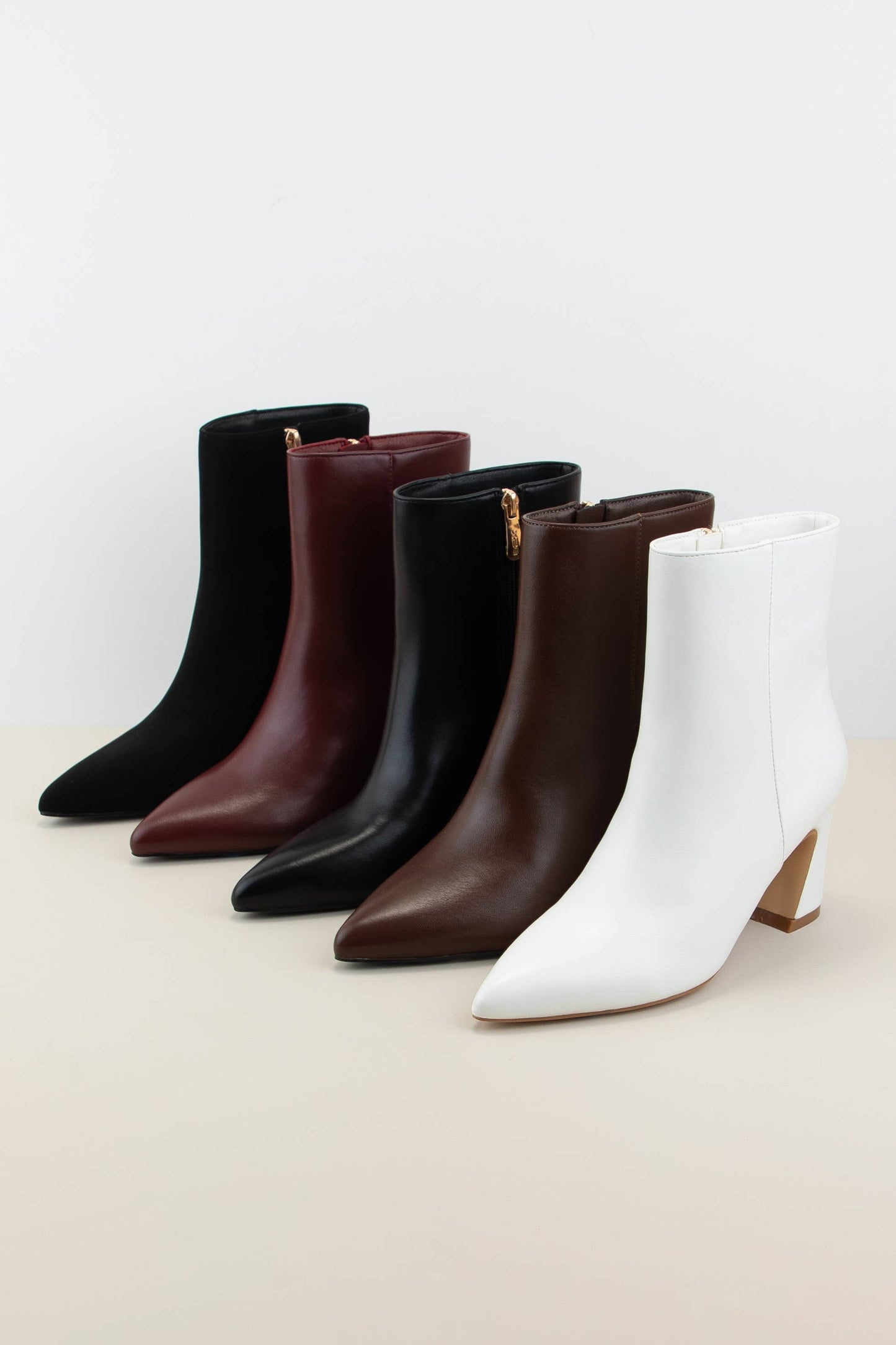 Pointed Toe Block Heel Booties – Faux PU/Nubuck, Zip-Up Slim Fit