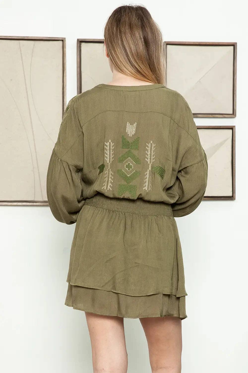 Long Sleeve Embroidered Button Tiered Mini Dress