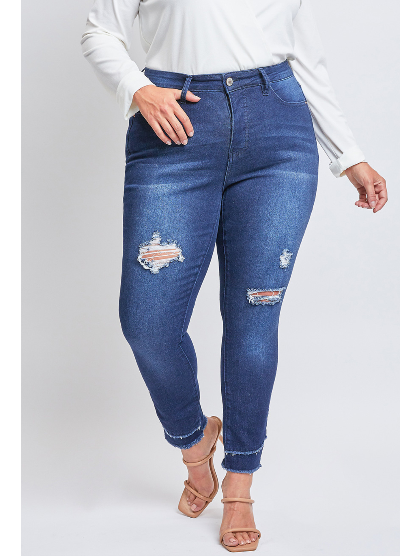 Plus Size Tummy Control Skinny Jeans – Double Slanted Frayed Hem, Distressed, High Rise