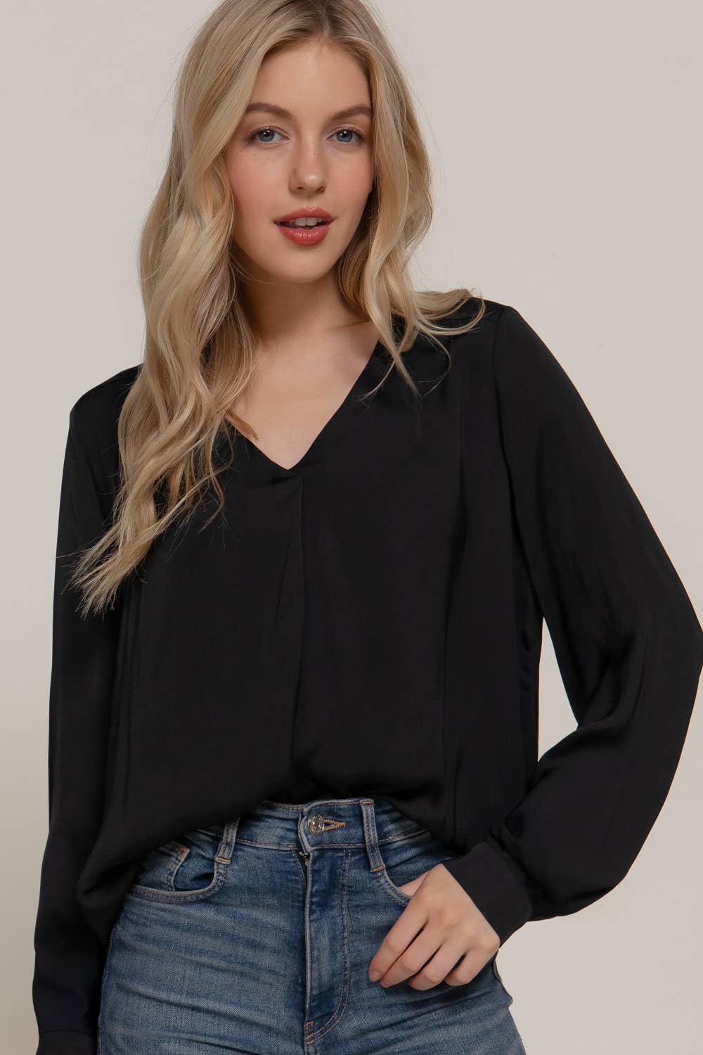 Long Sleeve V-Neck with Pleats Satin Blouse