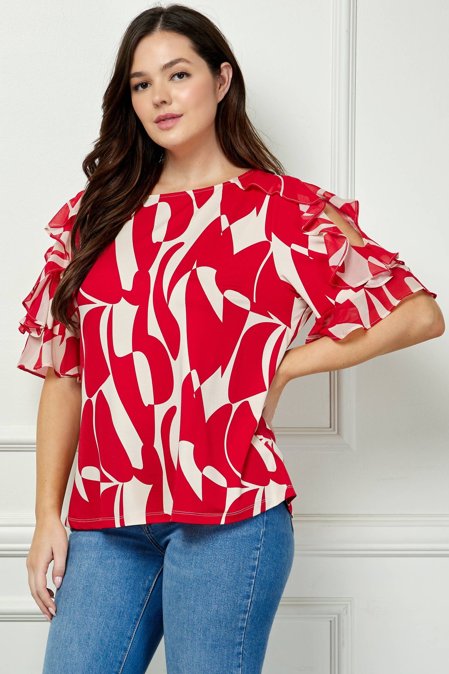 Plus Size Wildly Abstract Boatneck Top with Ruffle Sleeves