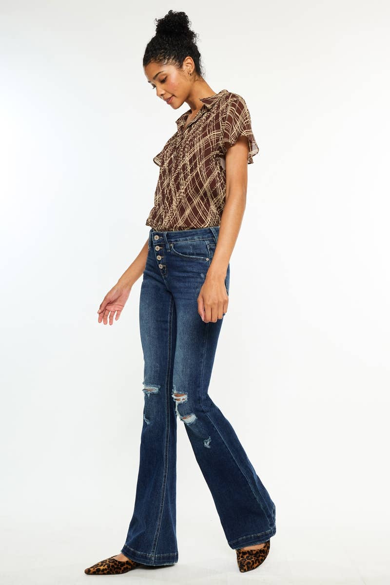 MID RISE BUTTON UP DISTRESS FLARE JEANS