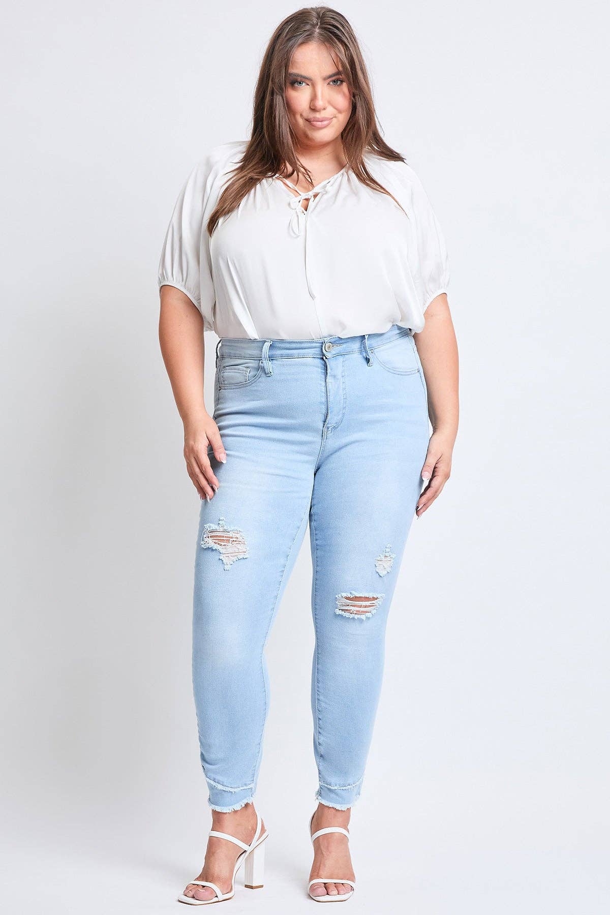 Plus Size Tummy Control Skinny Jeans – Double Slanted Frayed Hem, Distressed, High Rise