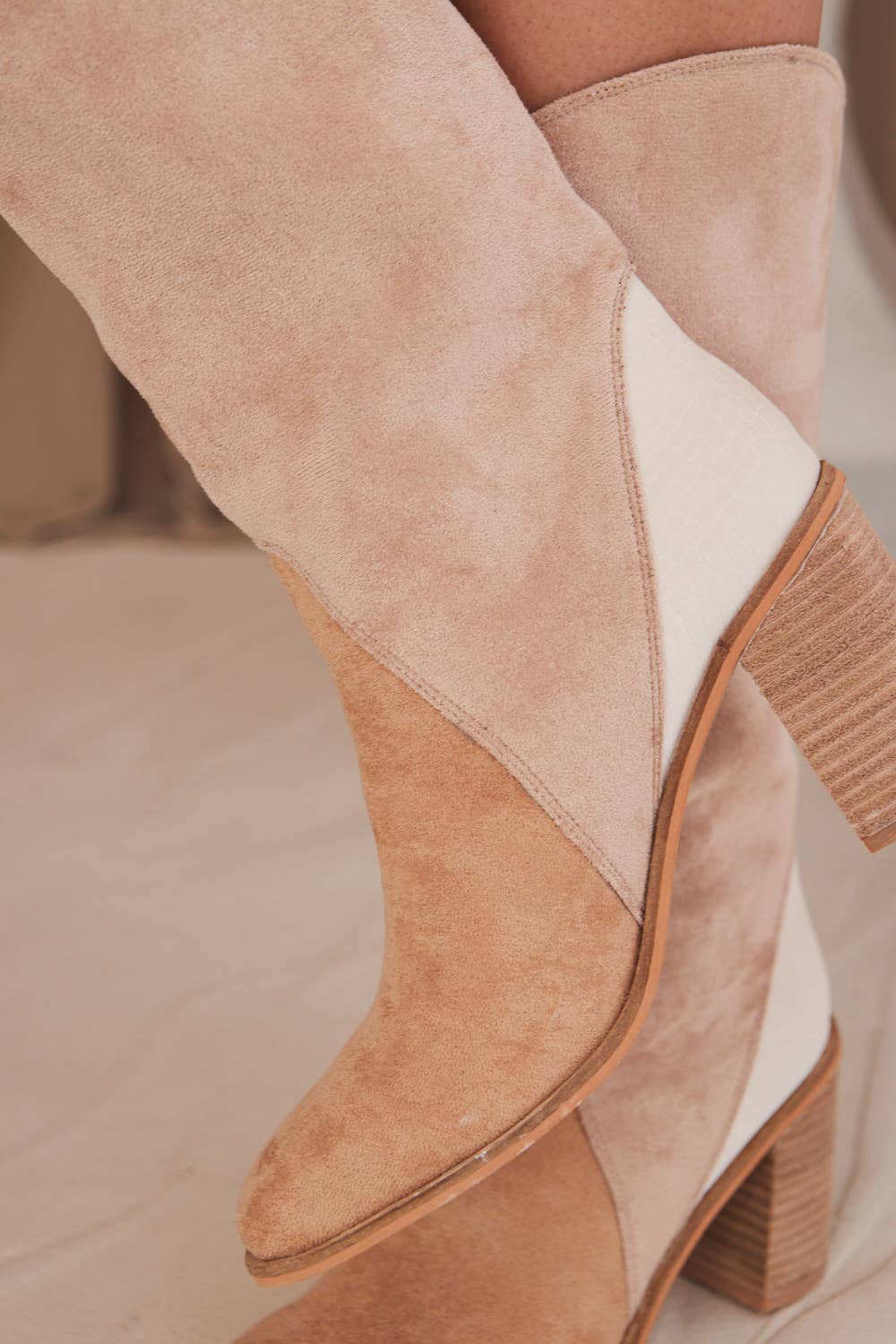 Three-Tone Patchwork Square Toe Boots