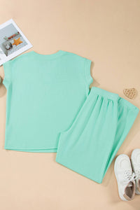 V Neck Tee Texture Patchwork Drawstring Pant Set