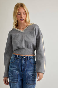 V-NECK STRIPED CONTRAST WAISTED RIB SWEATER