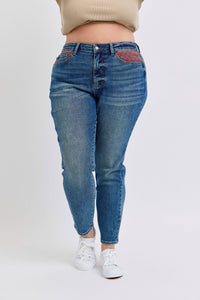 Judy Blue Plus Size High Waisted Plaid Patch Slim Jeans