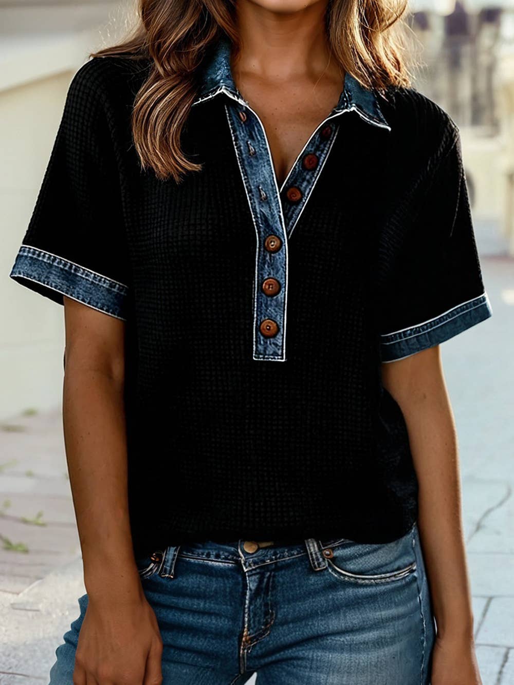 Denim Contrast Trim Patchwork Button Polo Collar Top