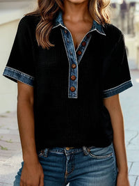 Denim Contrast Trim Patchwork Button Polo Collar Top
